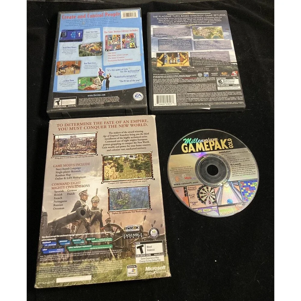 PC Games Lot of 4 Age Of Empires 3 The Sims Civilization Millennium GamePak Gold